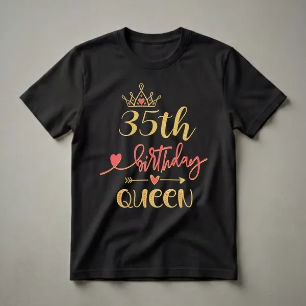 Black t-shirt with a gold glitter crown and the text '35th Birthday Queen' in gold and red glitter.