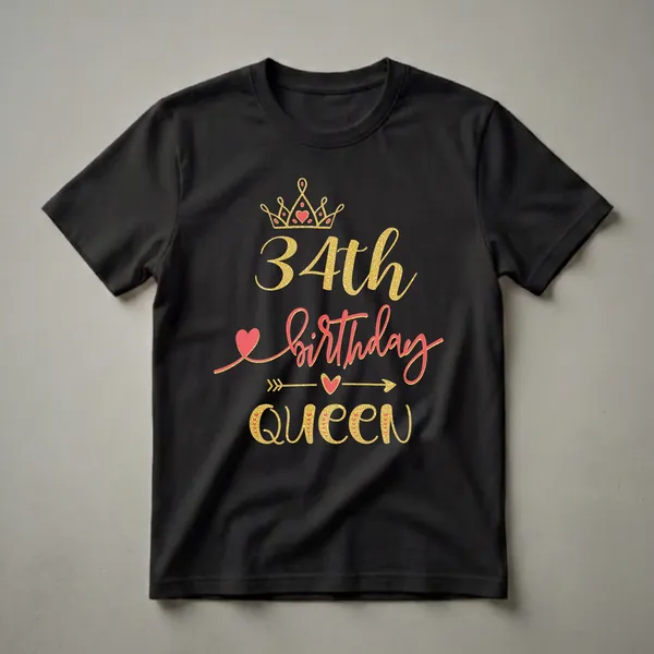 Black t-shirt with a gold glitter crown, '34th' in gold glitter, 'birthday' in red script with gold glitter outline, and 'Queen' in gold glitter.