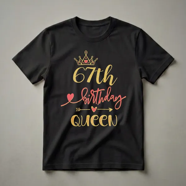 Black t-shirt with gold and red graphic that reads '67th Birthday Queen' with a crown and hearts.