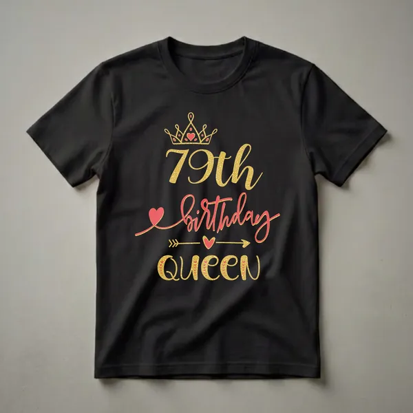 Black t-shirt with a gold glitter effect crown and '79th Birthday Queen' text in gold and red glitter effect, with red hearts and gold arrows.