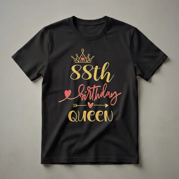 Black t-shirt with gold glitter '88th Birthday Queen' text design, featuring a crown and red heart accents.
