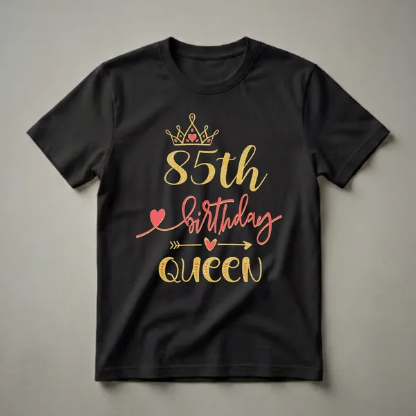 Black t-shirt with gold and red '85th Birthday Queen' graphic, featuring a crown and hearts.