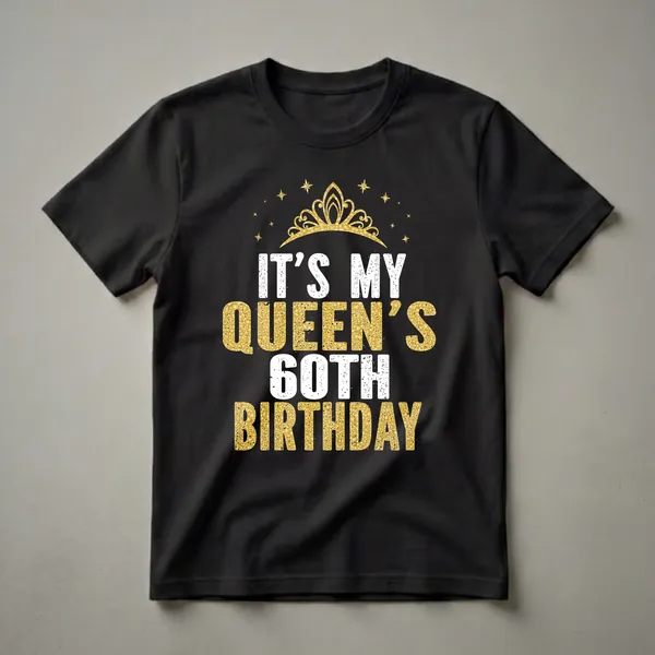 Black t-shirt with white and gold distressed text that reads 'IT'S MY QUEEN'S 60TH BIRTHDAY', topped with a golden crown and scattered gold stars.