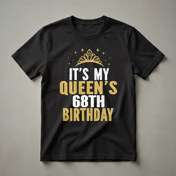 Black t-shirt with white and gold distressed text that reads "IT'S MY QUEEN'S 68TH BIRTHDAY" and a golden crown with stars above.
