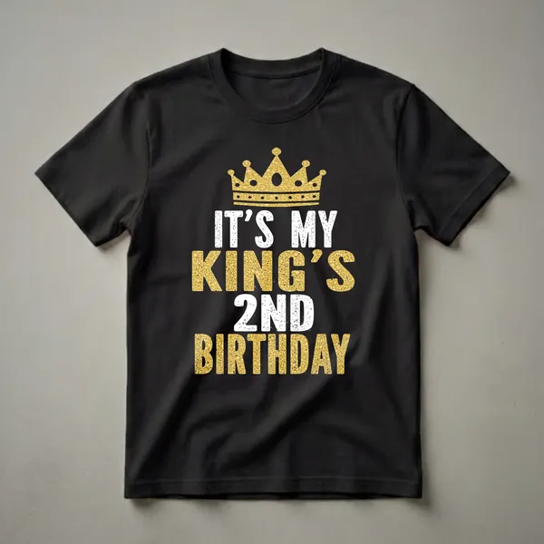 Black t-shirt with a gold glitter crown graphic and distressed white and gold text that reads 'IT'S MY KING'S 2ND BIRTHDAY'.