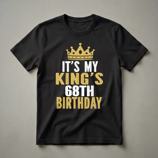 Black t-shirt with a gold glitter crown and distressed white and gold text reading 'IT'S MY KING'S 68TH BIRTHDAY'.