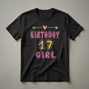 Seventeenth Birthday Girl Pink and Gold Glitter Graphic T-Shirt