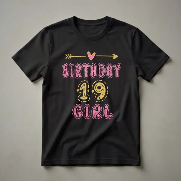 Black t-shirt with "BIRTHDAY 19 GIRL" in pink glitter text and "19" in gold glitter text, adorned with gold arrows and a pink heart.