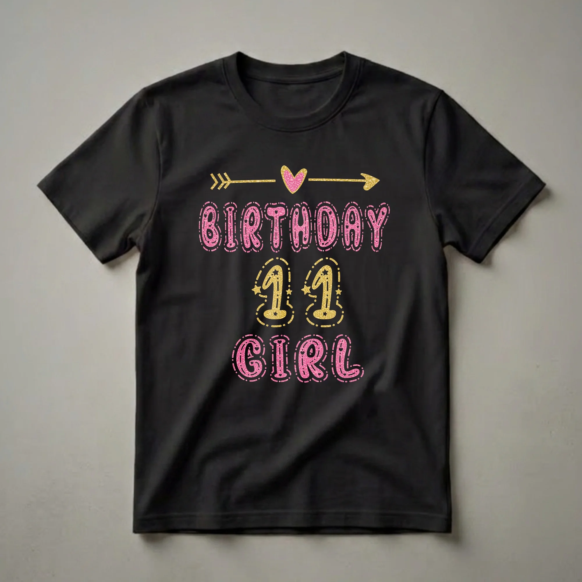 11th Birthday Girl Pink and Gold Glitter Graphic T-Shirt