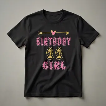11th Birthday Girl Pink and Gold Glitter Graphic T-Shirt