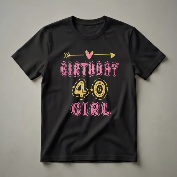 Black t-shirt with 'BIRTHDAY GIRL' in pink glitter letters and '40' in gold glitter numbers, accented with gold arrows and a pink heart.