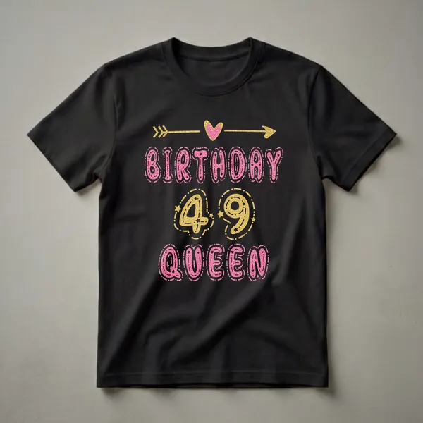 Black t-shirt with 'BIRTHDAY 49 QUEEN' in glittery pink and gold fonts, with decorative arrows and a heart.