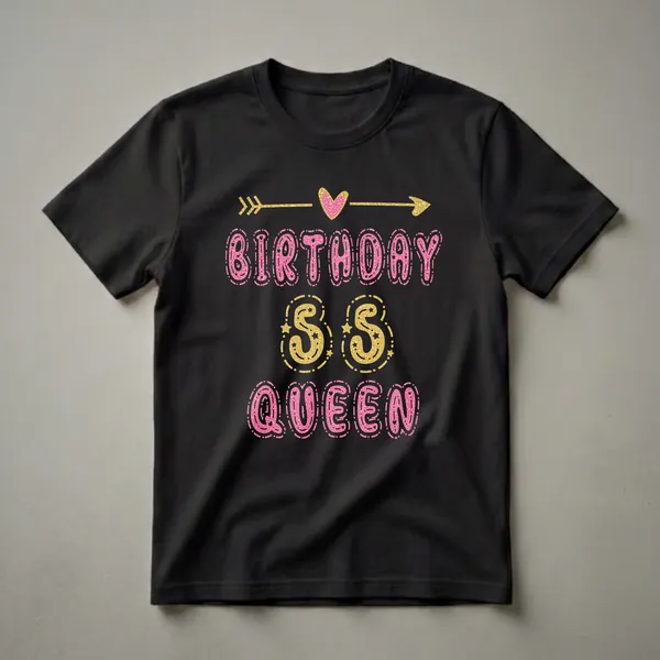Black t-shirt with 'BIRTHDAY 55 QUEEN' text in pink and gold glitter, with decorative arrows and a heart.