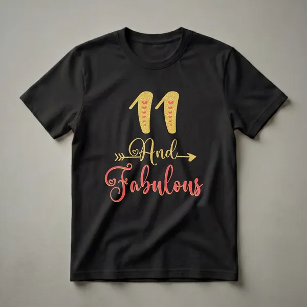 Black t-shirt with gold glitter '11' and red hearts, followed by gold glitter 'And' with arrows, and coral red glitter 'Fabulous' outlined in gold.