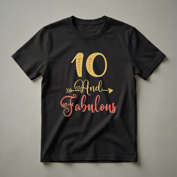 Black t-shirt with gold and coral glitter effect text that reads '10 And Fabulous', featuring decorative arrows and hearts.
