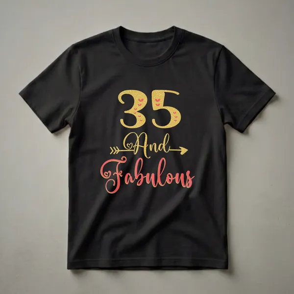 Black t-shirt with gold glitter '35' and 'And', and coral red 'Fabulous' text, with small red hearts and gold arrow accents.