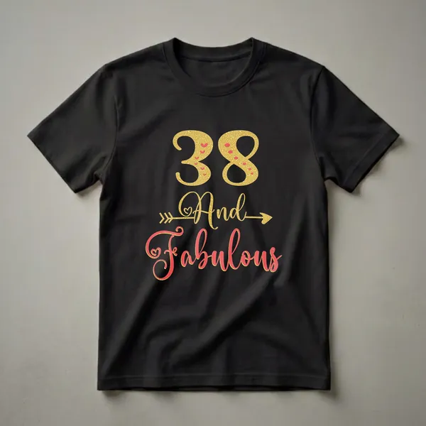 Black t-shirt with gold glitter '38' and coral-red script 'Fabulous' with gold glitter accents and an arrow.