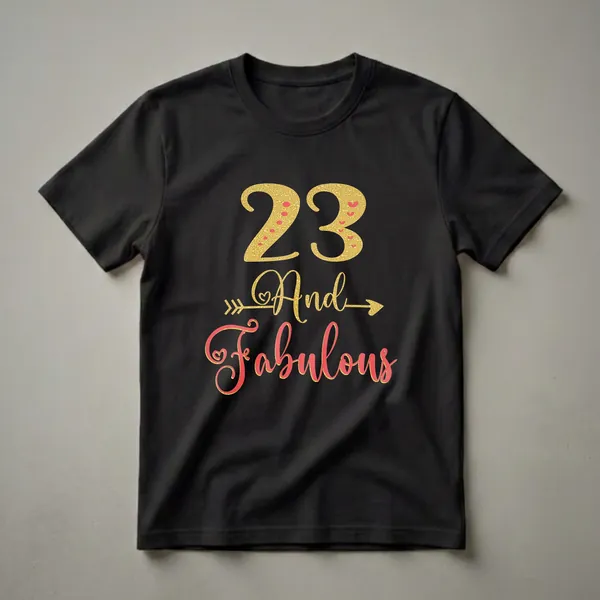 Black t-shirt with "23 And Fabulous" text graphic. The number 23 is in gold with red hearts, and "And Fabulous" is in coral with gold outline.