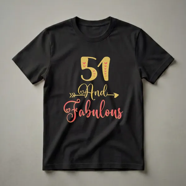Black t-shirt with gold and coral red text that reads '51 And Fabulous', designed for a woman's 51st birthday celebration.