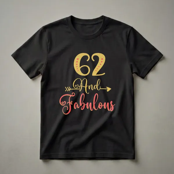 Black t-shirt featuring the number 62 in gold glitter with red polka dots, and the text 'And Fabulous' in coral and gold glitter script.