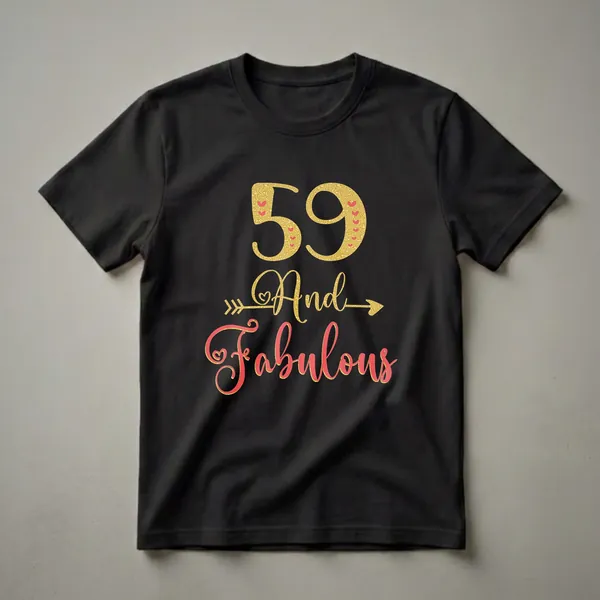 Black t-shirt with '59 And Fabulous' graphic in gold glitter and coral red script, featuring small hearts and an arrow.