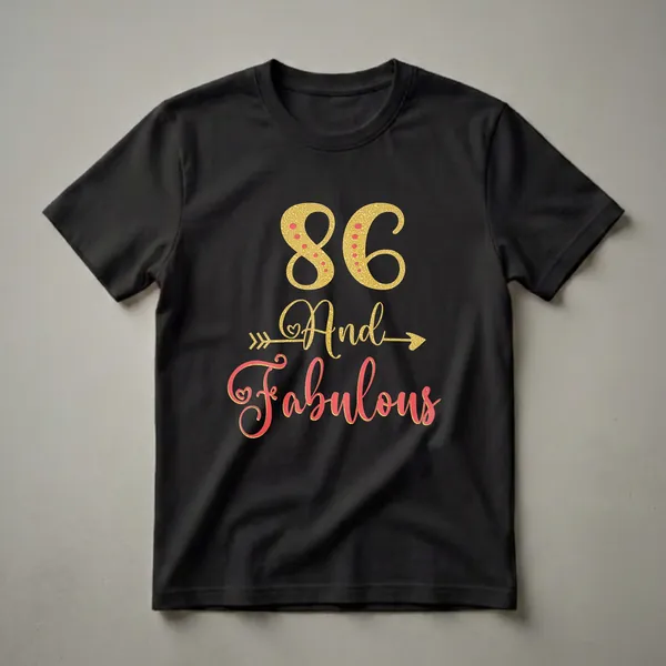 Black t-shirt with gold glitter '86' and 'And' with red glitter 'Fabulous' and gold glitter accents.