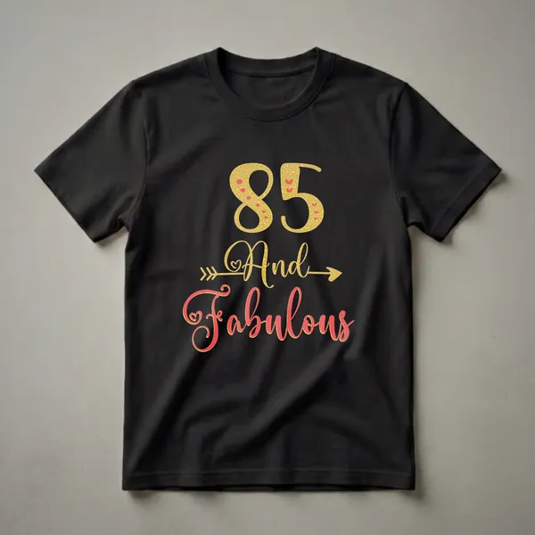 Black t-shirt with gold glitter '85' and coral script 'And Fabulous' with gold glitter outline and accents, for an 85th birthday celebration.