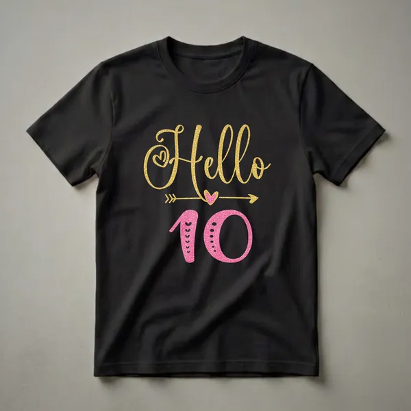 Black t-shirt with gold glitter text 'Hello' and pink glitter number '10' with decorative hearts and arrows.
