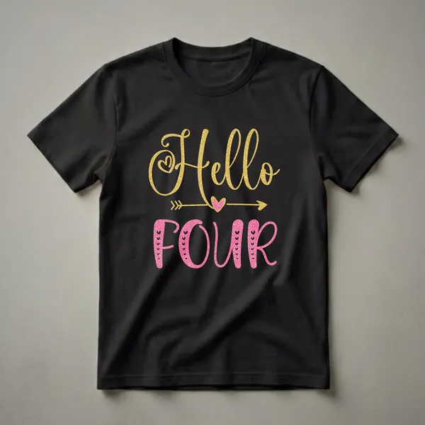 Black t-shirt with gold glitter text 'Hello' and pink glitter text 'FOUR', with arrow and heart graphics in between, for a 4th birthday girl.