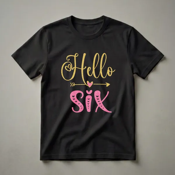 A black t-shirt featuring the text 'Hello Six' in a glittery gold script for 'Hello' and a textured pink font for 'Six', with decorative hearts and a golden arrow.