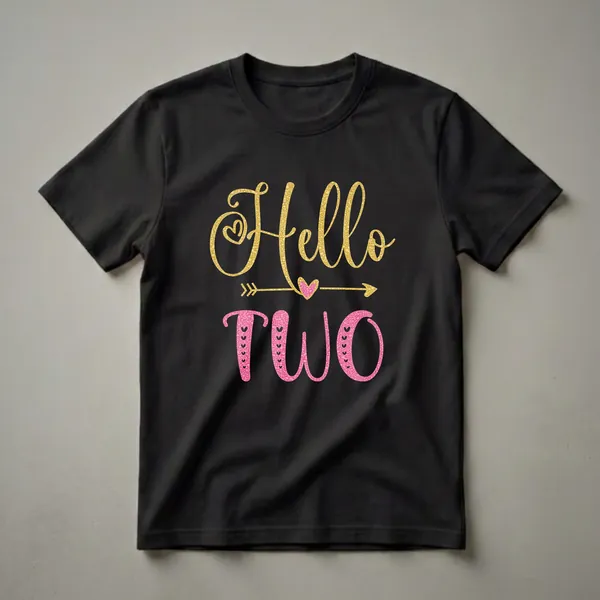 Black toddler t-shirt with 'Hello Two' text graphic in glittery gold and pink, featuring hearts and an arrow.