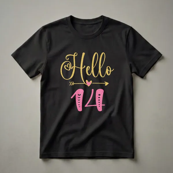 Black t-shirt with 'Hello 14' graphic design. 'Hello' is in gold glitter font with a heart, and '14' is in pink glitter font with decorative elements and an arrow.