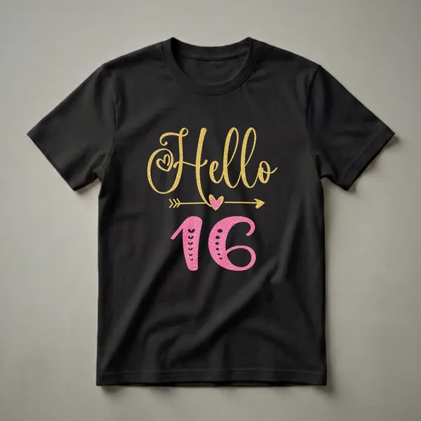 Black t-shirt featuring the text 'Hello' in gold glitter and '16' in pink glitter, with decorative hearts and arrows.