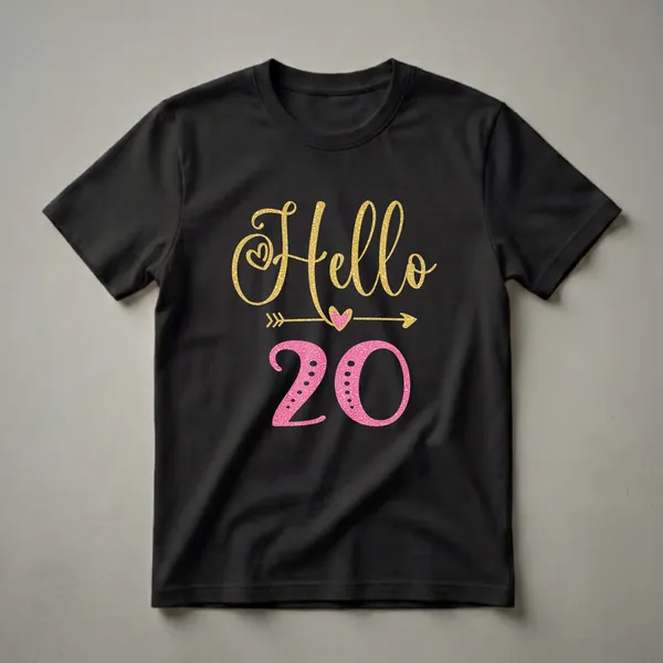Black t-shirt with gold glitter 'Hello' and pink glitter '20' with a gold arrow and heart graphic.