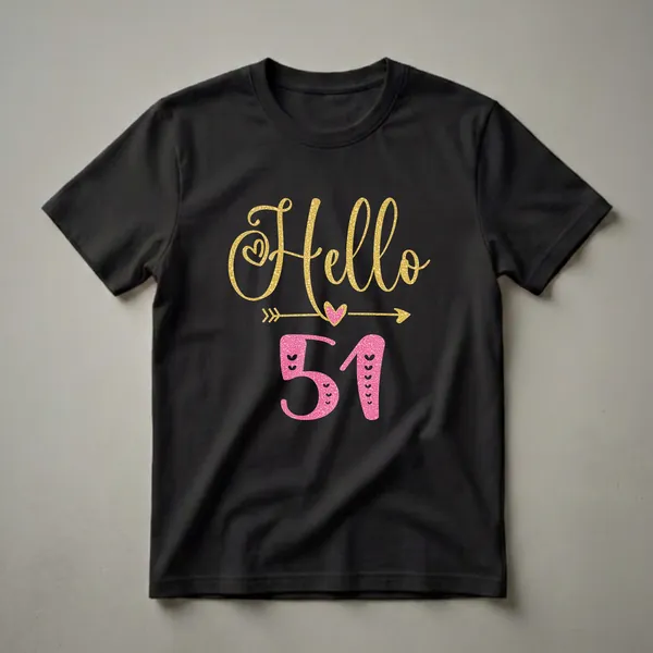 Black t-shirt featuring 'Hello' in gold glitter text and '51' in pink glitter text, with decorative arrow and heart graphics.
