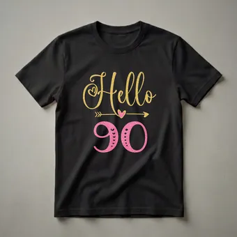 Hello 90 Years Old Glitter Graphic T-Shirt for Women's 90th Birthday