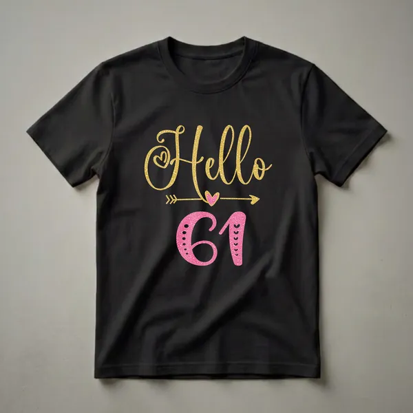 White graphic t-shirt with gold script 'Hello' and pink numbers '61' with decorative hearts and arrows, celebrating a 61st birthday.