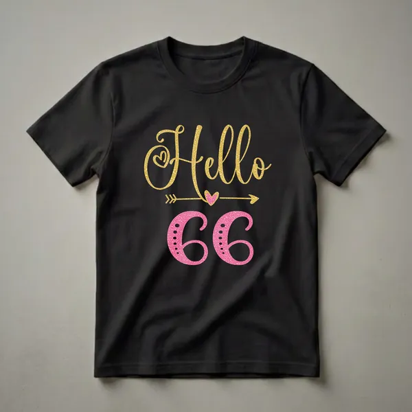 Black t-shirt with 'Hello' in gold glitter and '66' in pink glitter, featuring decorative hearts and arrows.
