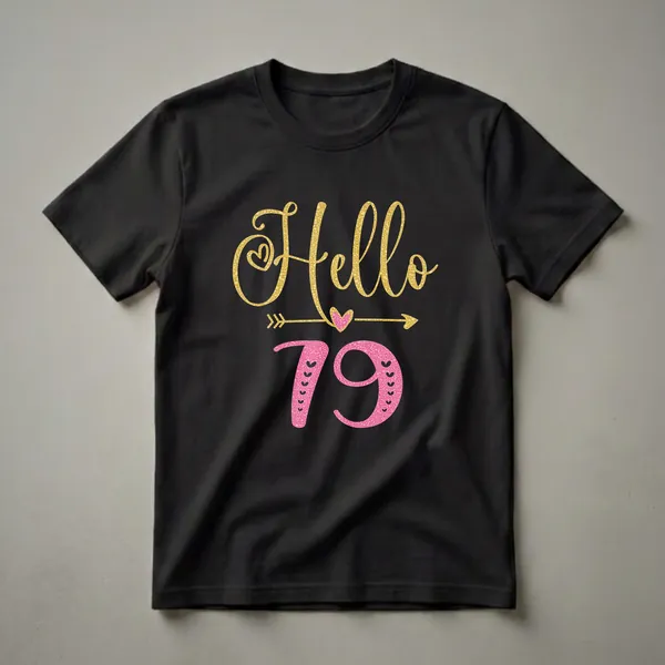 Black t-shirt featuring the text "Hello 79" in glitter gold and pink fonts, with heart and arrow graphic elements, celebrating a 79th birthday.