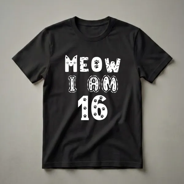Black t-shirt with white text that reads 'MEOW I AM 16', featuring cat faces, paw prints, and decorative elements.