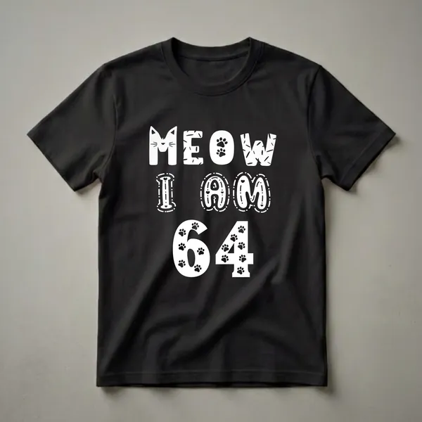 Black t-shirt with white text that reads 'MEOW I AM 64', featuring a cat face in the first 'M' and paw prints within the numbers '64'.