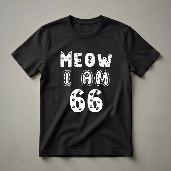 White "Meow I Am 66 Years Old" text with a cat face and paw print graphics on a black t-shirt.