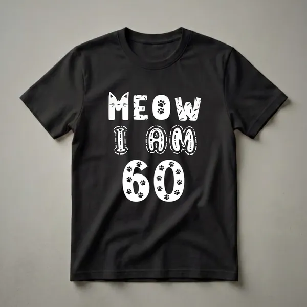 Black t-shirt with white text that reads 'MEOW I AM 60', featuring a cat face graphic and paw print designs.
