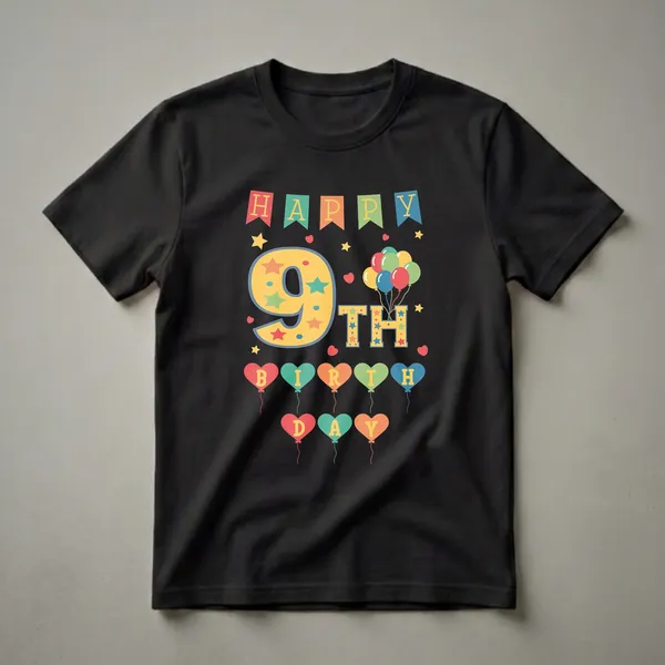 Black t-shirt featuring a colorful 'Happy 9th Birthday' graphic with a large yellow number 9, stars, and heart-shaped balloons.