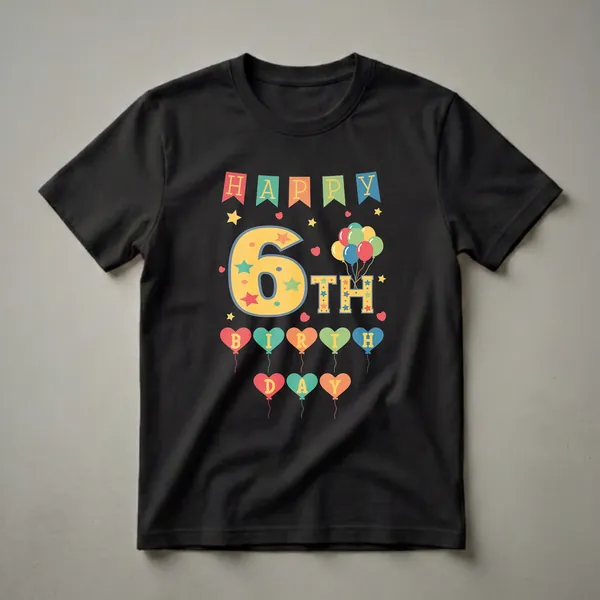 A black t-shirt graphic with colorful 'Happy 6th Birthday' text, stars, hearts, and balloons, designed for a 6-year-old's birthday celebration.