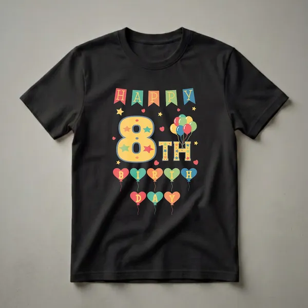 Black t-shirt featuring a colorful 'Happy 8th Birthday' graphic with banners, a large number 8, balloons, stars, and hearts.