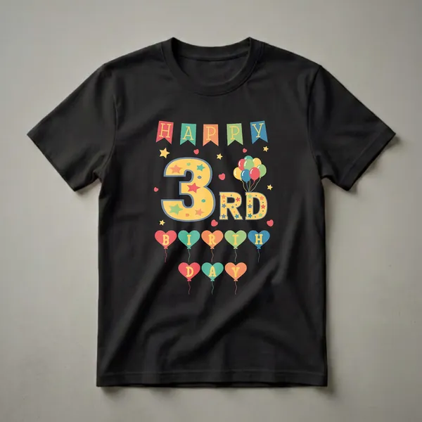 A black t-shirt graphic with colorful 'Happy 3rd Birthday' text, balloons, stars, and hearts, designed for a 3-year-old.