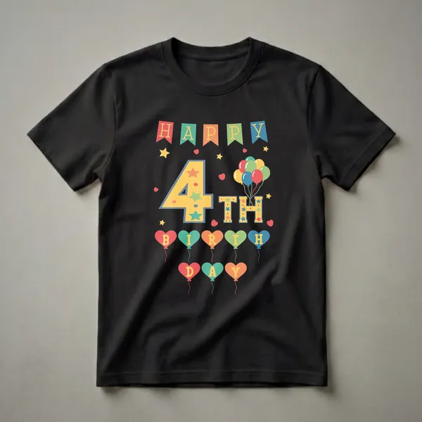 Black t-shirt with a colorful 'Happy 4th Birthday' graphic featuring banners, stars, hearts, and balloons in red, blue, green, yellow, and orange.