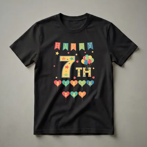 A black t-shirt graphic with colorful banners spelling 'HAPPY', a large yellow '7' with stars, 'TH' with stars, and heart-shaped balloons spelling 'BIRTHDAY'.