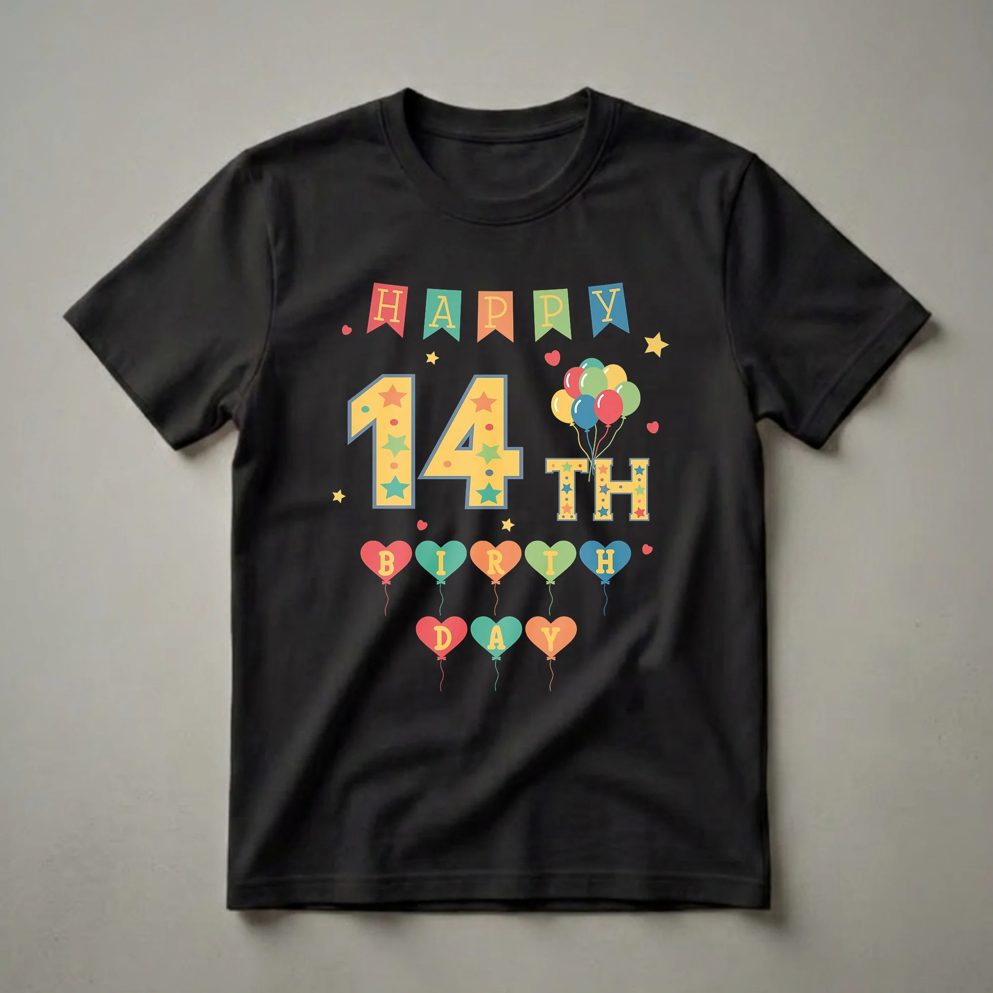 Black t-shirt with a colorful 'Happy 14th Birthday' graphic featuring balloons, banners, and stars.